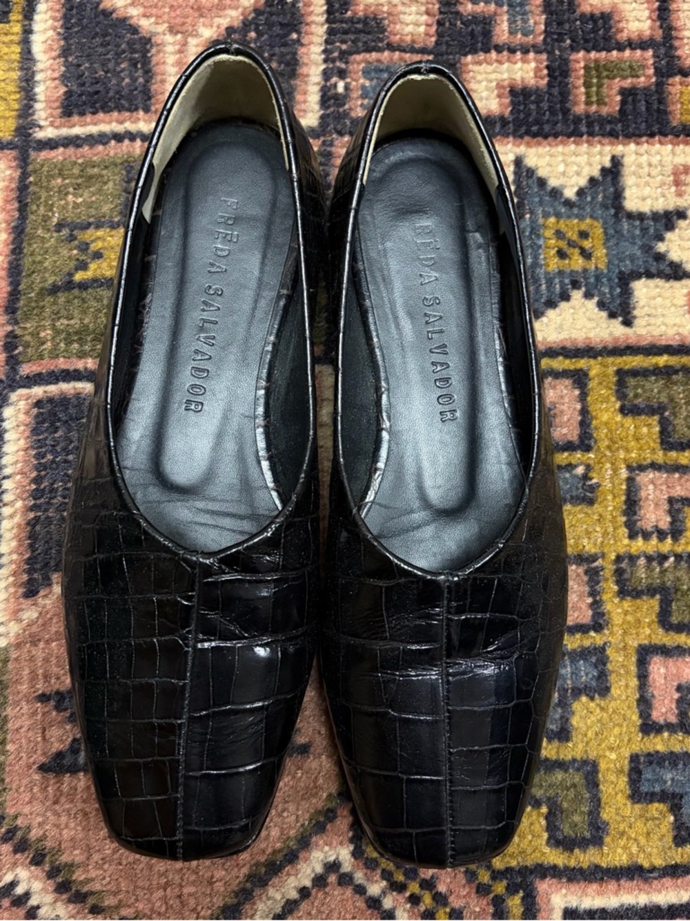 Freda Salvador Greta Black Croc-Embossed Leather Flats